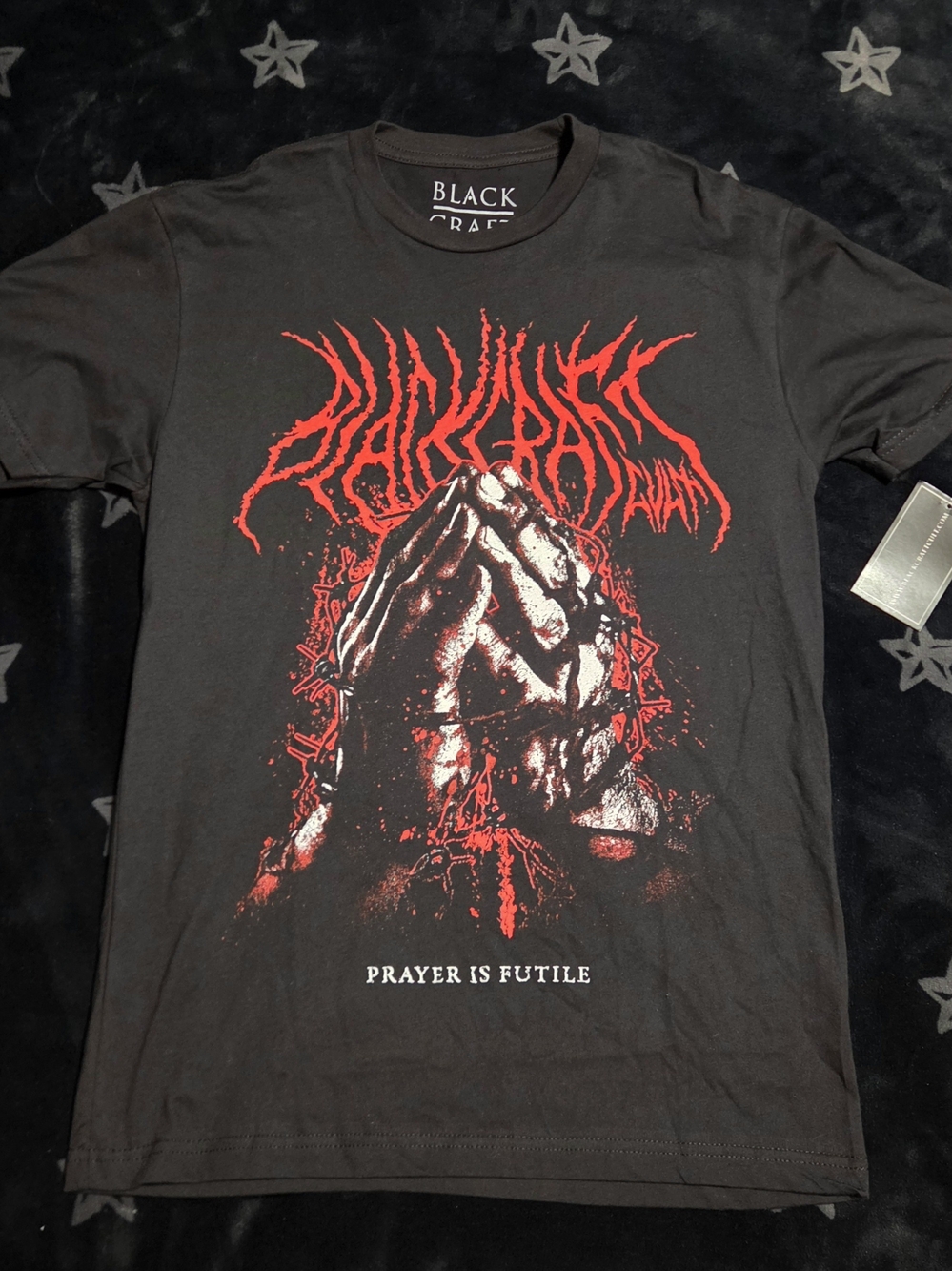 Blackcraft Black Short-Sleeve Tee with Red Prayer Graphic